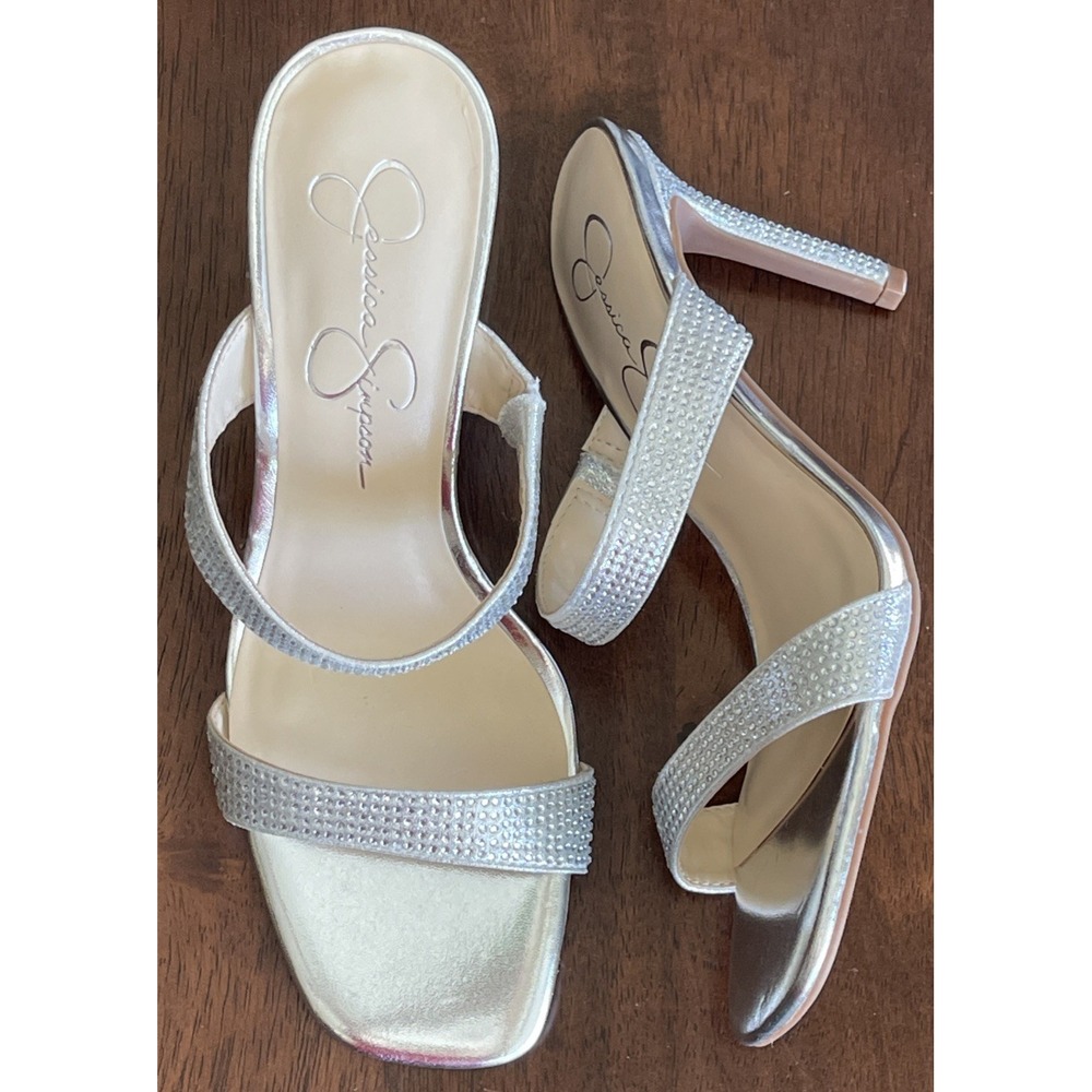 Jessica Simpson Omana 6.5 Metallic Sparkling Silver Slip On Slide Bridal Heels